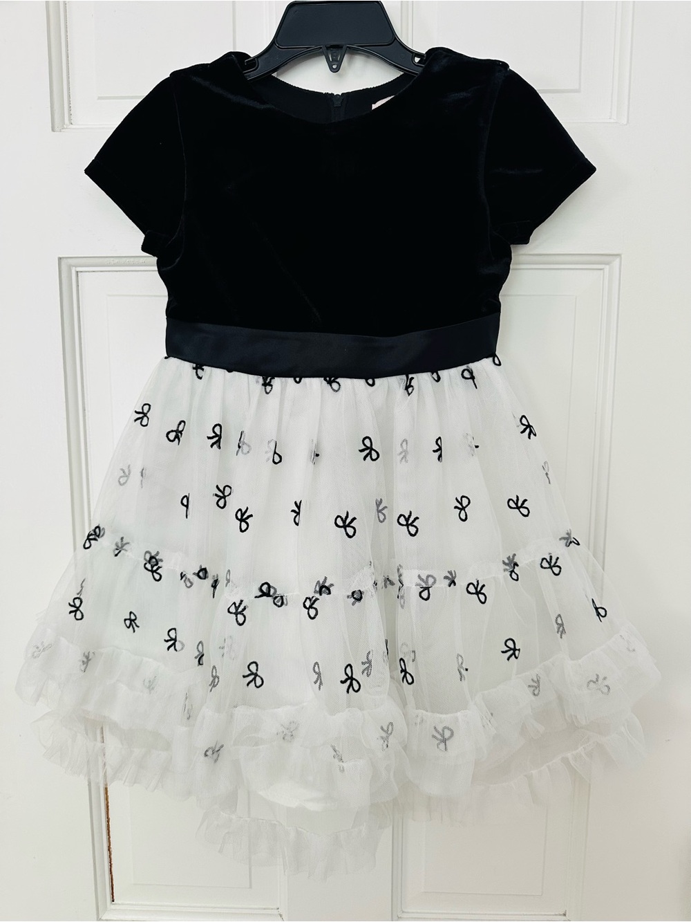 Biscotti Black Velvet Bodice White Tulle Dress with Bow Accents